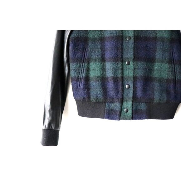 Joe's Jeans Women's Small Black Green Varsity Jacket Plaid Leather Moto Bomber - Picture 6 of 9